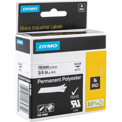 Image of DYMO Rhino Industrial Permanent Polyester Labels 19mm x 5.5m Black Print on White Self Adhesive for &amp; LabelManager Label Makers