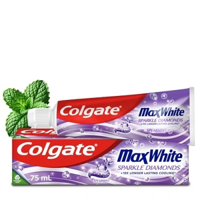 Image of Colgate Max White Sparkle Diamonds toothpaste 75ml, Teeth whitening toothpaste, Shines enamel for whiter teeth, Cooling sensation, Fights cavities, Fluoride Purple