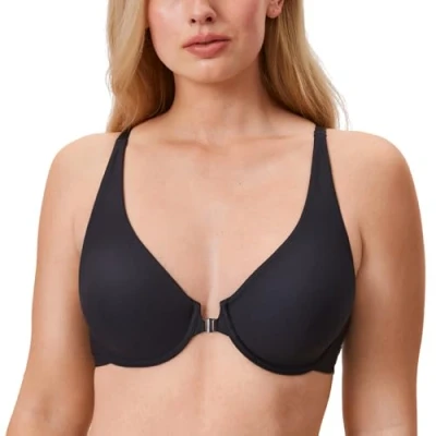 Image of Delimira Women&#039;s Front Fastening Bras Seamless Full Coverage Unlined Underwire Support Bra Black 42DD