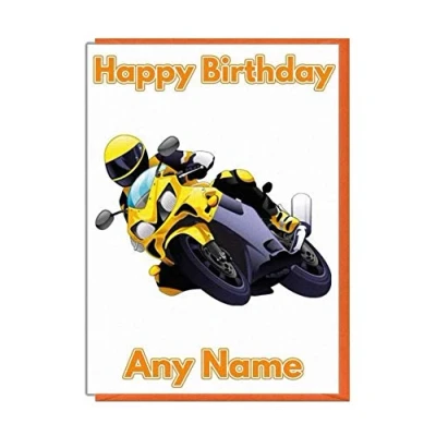 Image of AK Giftshop Yellow Motorbike Themed Personalised Birthday Card ADD A NAME AND AGE