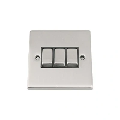 Image of Triple Light Switch 3 Gang Satin Matt Chrome Square Black Metal Rocker 2 Way 10 Amp