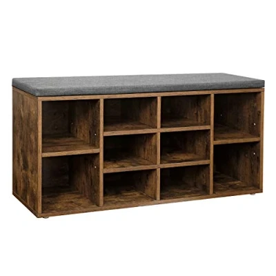 Image of VASAGLE Shoe Bench, Shelf, Rack, Storage Cabinet, 10 Compartments, with Cushion, for Entryway, 104 x 30 48 cm, Rustic Brown LHS10XB