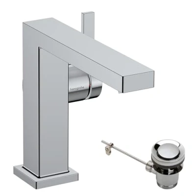 Image of hansgrohe Tecturis E Fine bathroom tap with pop up waste set, energy saving (CoolStart), sink spout height 110 mm, basin mixer water (EcoSmart+), chrome, 73023000