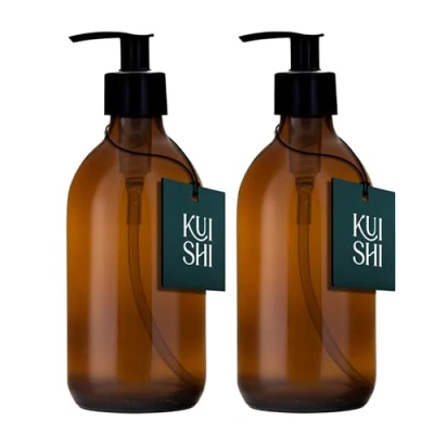 Image of Kuishi Amber Brown Glass Pump Bottle Dispenser, Refillable Soap Dispenser with Black Plastic for Reducing Waste (BPA Free) (300ml x 2)