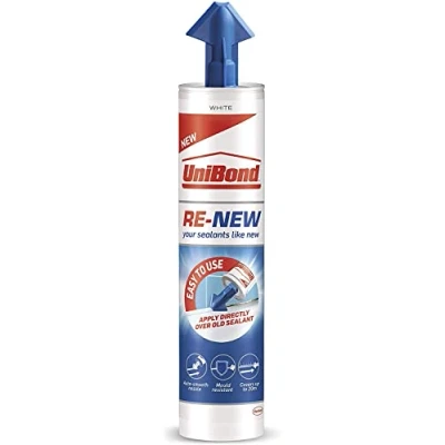 Image of UniBond 2601801 RE NEW Cartridge, White Silicone Sealant for Sanitary Applications, One Step Bathroom Renewal, Waterproof Kitchen &amp; Bath with Triple Mould Resistance, 1 x 280 ml