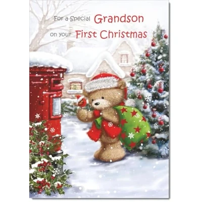 Image of doodlecards Grandsons First Christmas Card Cute Bear at Post Box Medium Size with Plain Red Envelope, 21 x 15cm