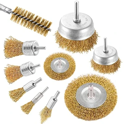 Image of Wire Wheel Brush Drill 10 Piece Set, Brass Coated Set with 1/4 Inch Shank Kit Cup and Tube for Cleaning, Rust Removal, Polishing, Deburring &amp; Paint Removal