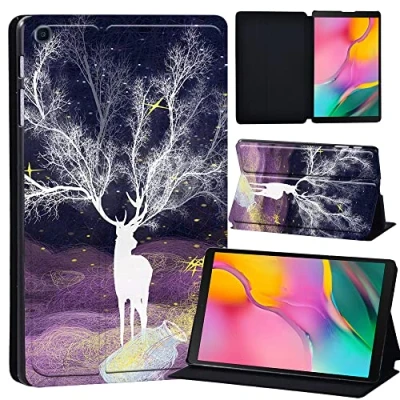 Image of Printed Leather slim lightweight Stand Cover Case for Samsung Galaxy Tab A 10.1 2019 (Model: SM T510 T515), with Function (Black) (fantasy single white deer)