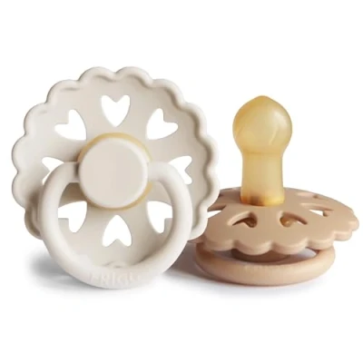 Image of FRIGG Fairytale Latex Pacifier Pack of 2 Natural Rubber Soother Dummy BPA Free Made in Denmark Symmetrical Cherry Shaped Nipple (Cream/Silky Satin, Size 1 (0 6 Months))