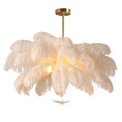Image of GUANSHAN White Ostrich Feather Pendent Light Ceiling Lampshade Chandelier Lamp Lighting Fixture for Bedroom, Living Room