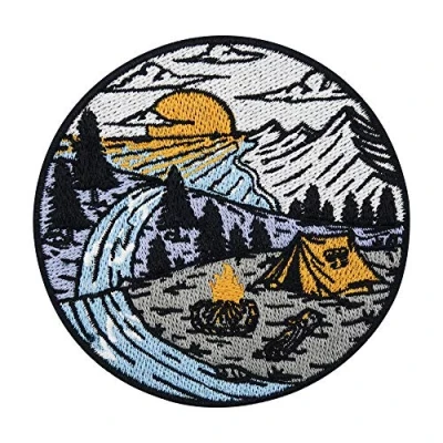 Image of River Camping with Sunset Iron on Patch Forest Embroidery Patch, Trees ironable Sea Patches, Mountains Badges Finally Home
