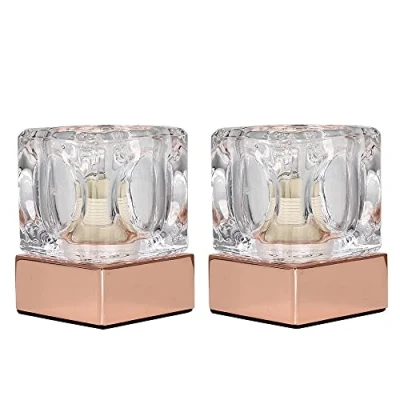 Image of Pair of Modern Glass Ice Cube Touch Table Lamps with a Copper Base