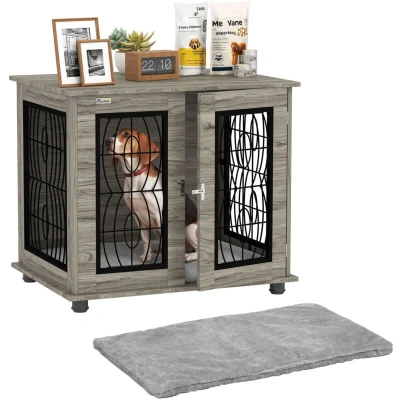 Image of PawHut Dog Crate Furniture, End Table with Large Top, Indoor Pet Soft Washable Cushion, Lockable Front Door, Wire Mesh Ventilation, for Medium Dogs, 80 x 56 63cm Grey Wood Effect