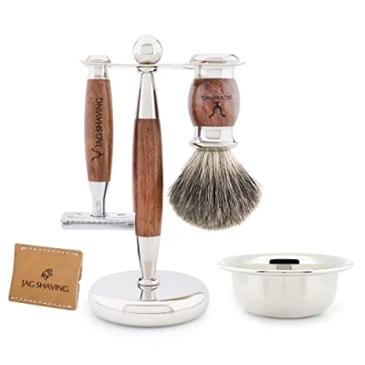 Image of Jag Shaving Set JAG&#039;s LEE Range 5 Piece Super Badger Hair Brush Double Edge Safety Razor Stand Leather Bag for Bowl Wood