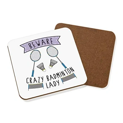 Image of Beware Crazy Badminton Lady Coaster Drinks Mat