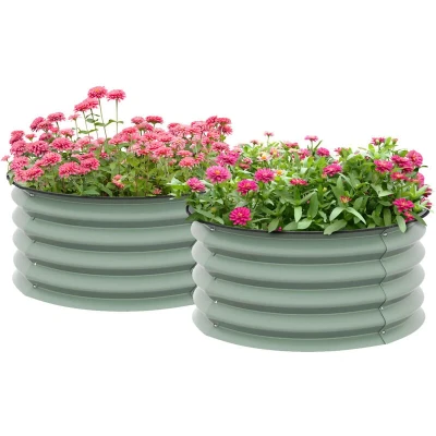 Image of Outsunny Steel Raised Beds for Garden Set of 2, Outdoor Elevated Planter Box with Safety Edging, Easy to assemble Stock Tank Growing Flowers, Herbs and Vegetables, Green
