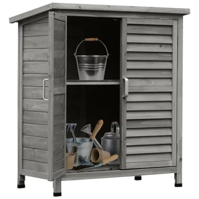 Image of Outsunny Garden Shed Wooden Storage 2 Door Unit Solid Fir Wood Garage Tool Organisation Cabinet, 87L x 46.5W 96.5Hcm, Grey