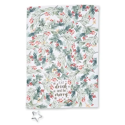 Image of Cooksmart British Designed Christmas Tea Towel &amp; Cutter Set Towels For The Festive Season With All Types Of Kitchens Eat Drink Be Merry