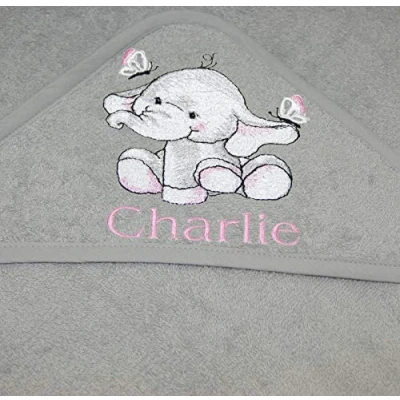 Image of Girls Personalised Elephant Hooded Bath Towel. (Grey)