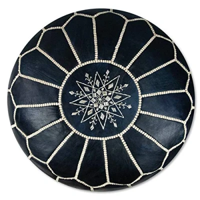 Image of Artisanal Moroccan Leather Pouffe Handmade Delivered stuffed Ottoman, footstool, floor cushion (Dark Blue)