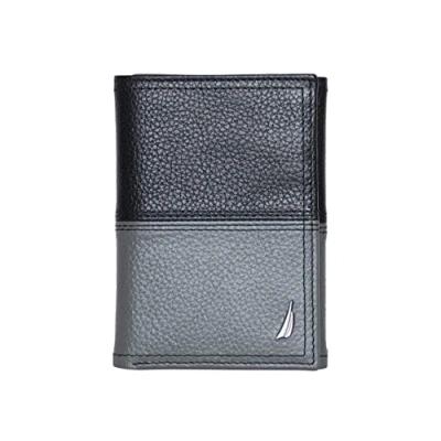 Image of Nautica Men&#039;s Trifold Leather Wallet, Black/Grey, OSFA