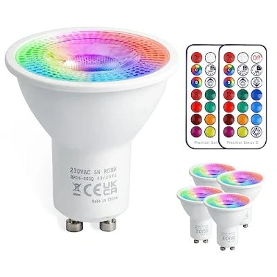 Image of VARICART GU10 Colour Changing LED Bulbs, 5W Dimmable Spot Light Bullb, 12 RGB + Cool White 6000K, 5 Modes, Built in Memory with Remote, 35W 50W Equiv. for Everyday &amp; Mood Lighting (4 Pack)