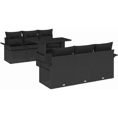 Image of vidaXL 7 Piece Garden Sofa Set with Cushions Black Poly Rattan