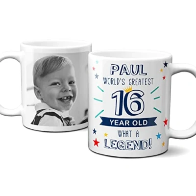 Image of Thoughtful Gifts Personalised World’s Greatest Age 16 Mug, 16th Birthday, Photo Mug for Year Old boy, Cup Gift Old. Add Name and