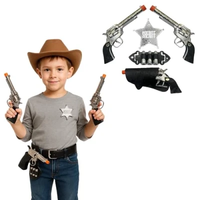 Image of Cowboy Sheriff Role Play Set Twin Toy Guns with Holster Belt, Bullets, &amp; Badge Complete 7 Piece Costume Accessories for Kids Pretend Fancy Dress up