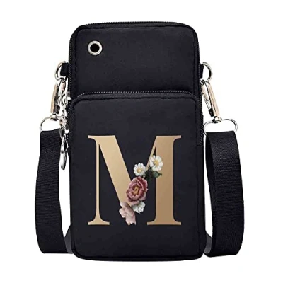 Image of FINDING CASE initial letter Printed Women Girls men Zipper Waterproof Nylon 3 Layers Crossbody Bags Wallet Cellphone Purse Shoulder Bag Wristlet Handbags Adjustable Strap (gold M)