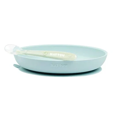 Image of Nattou Silicone Tableware for Kids, Non Slip Plate + Spoon, BPA Free, Silicone, Light Blue/Green