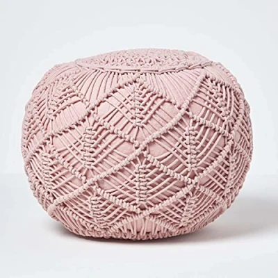 Image of HOMESCAPES 35 cm Tall Blush Pink Macrame Knitted Pouffe Been Filled Crochet Round Footstool 100% Cotton Braided Design x 40