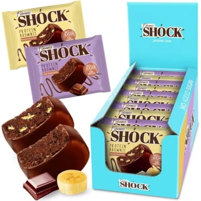 Image of Fitnesshock Chocolate Brownie Assorted Box without Added Sugar, 15% Protein, satiating dietary fibre, Soft Texture, 10 Pieces, 50g and Banana