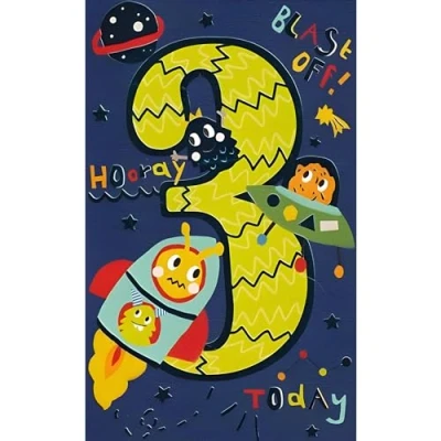 Image of Boys 3rd Birthday Card Age 3 Space Monsters Design Special Finishes Made in the UK