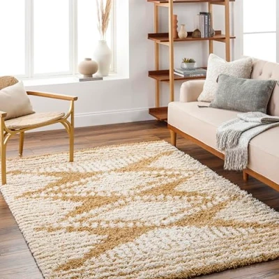 Image of Surya Tuzla Modern Area Rugs Living Room, Soft Shaggy for Bedroom Abstract Berber Fluffy Rug, Easy Care Plush Thick Pile Large Rug 160x220cm Mustard