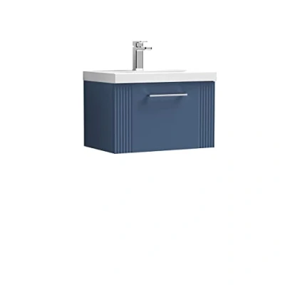 Image of nuie DPF394A Deco Modern Bathroom Wall Hung 1 Drawer Part Fluted Vanity Unit with Mid Edge Ceramic Basin, Satin Blue