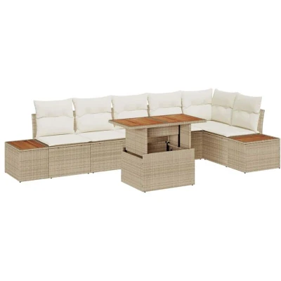 Image of vidaXL 7 Piece Garden Dining Set with Cushions Beige Poly Rattan Acacia