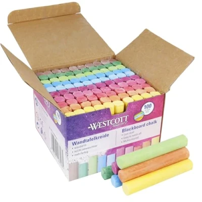 Image of Westcott chalk 100 pieces coloured Value pack Blackboard with 1.2 cm ⌀ in bright colours Low dust &amp; easy to wipe off 8.5 long sticks E 744987 00