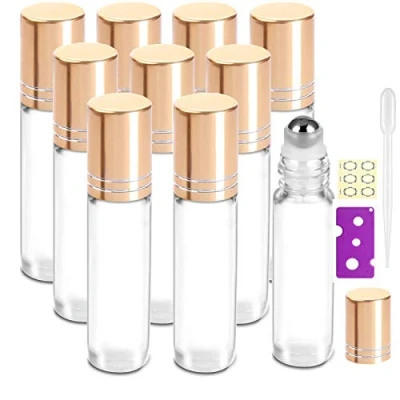 Image of Alledomain 10Pcs, 10ml Transparent Essential Oil Roller Bottles Refillable Clear Glass Roll on with Stainless Balls &amp; Golden Cap, Include Labels, Dropper Opener
