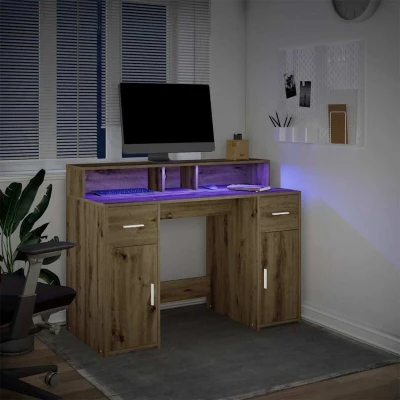 Image of vidaXL Desk with LED Lights Writing/Gaming Table Ample Storage, Engineered Wood Artisian Oak, 120x55x91cm