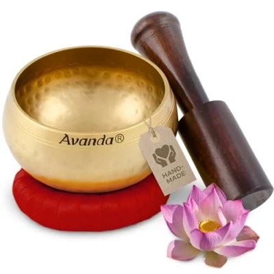 Image of Tibetan singing bowl set for yoga, meditation and relaxation hammered Ø 8 cm (3 in), mango wood mallet ring cushion, red