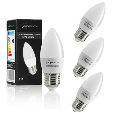 Image of Auraglow 5w LED E27 Candle Light Bulb, Warm White, 3000K, 470 Lumens 40w EQV 4 Pack