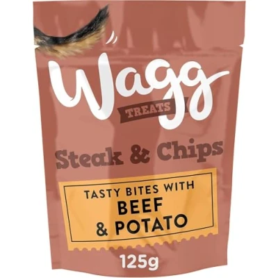 Image of Wagg Steak &amp; Chips Tasty Bites Beef Potato Dog Treats 125g (Pack of 7) Oven Baked