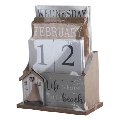 Image of Nautical Wooden Perpetual Calendar Desk Top Eternal Block Beach