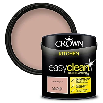 Image of 2.5L CROWN Easyclean Kitchen MATT Emulsion Multi Surface Paint With GREASEGUARD+ That can be Used on Walls, Ceilings, Wood and Metal. Stain &amp; Scrub Resistant Formula Powdered Clay