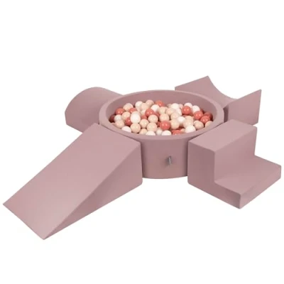 Image of KiddyMoon Foam Playground For Kids With Round Ballpit (200 Balls ∅ 7Cm/2.75In) Soft Obstacles Course And Ball Pool, Heather: Pastel Beige Salmon White