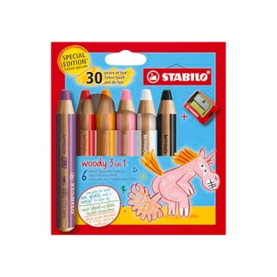 Image of STABILO woody 3 in 1 Multi Talented Pencil Pack of 6 Birthday Edition Unicorn Assorted Colours with Sharpener