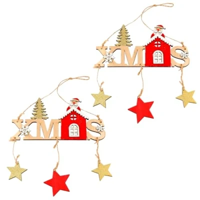 Image of volumoon 2pcs Wooden Christmas Hanging Signs, Welcome Door decorations, Wall Sign, Decoration for Trees Ornaments (A)
