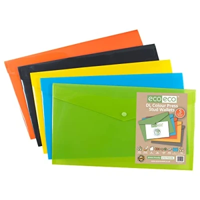 Image of eco DL 50% Recycled Assorted Colours Press Stud Popper Wallet, Plastic Folders (Pack of 5), eco079
