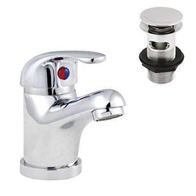 Image of Nuie DTY345 Eon Modern Bathroom Round Single Lever Mono Basin Mixer Tap with Push Button Waste, Chrome, 94mm x 40mm, Set of 2 Pieces